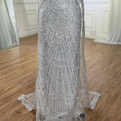 Luxury Dubai Blue Mermaid Cape Sleeve Beaded Evening Gown LA72160A - SERENE HILL