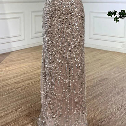 Luxury Dubai Blue Mermaid Cape Sleeve Beaded Evening Gown LA72160A - SERENE HILL