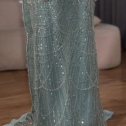 Luxury Dubai Blue Mermaid Cape Sleeve Beaded Evening Gown LA72160A - SERENE HILL