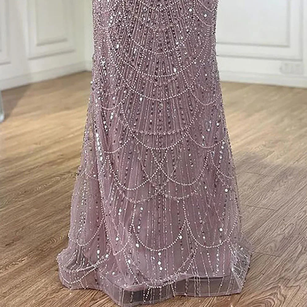 Luxury Dubai Blue Mermaid Cape Sleeve Beaded Evening Gown LA72160A - SERENE HILL
