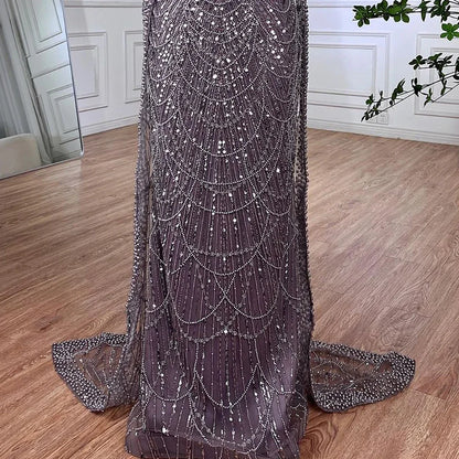 Luxury Dubai Blue Mermaid Cape Sleeve Beaded Evening Gown LA72160A - SERENE HILL