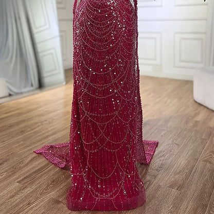 Luxury Dubai Blue Mermaid Cape Sleeve Beaded Evening Gown LA72160A - SERENE HILL