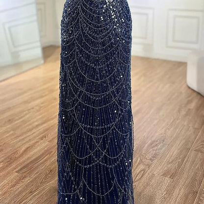 Luxury Dubai Blue Mermaid Cape Sleeve Beaded Evening Gown LA72160A - SERENE HILL