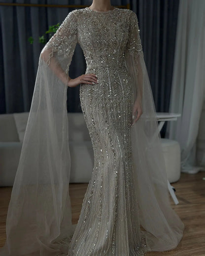 Dubai Caramel Elegant Cape Sleeve Luxury Beaded Evening Gown LA72775 - SERENE HILL