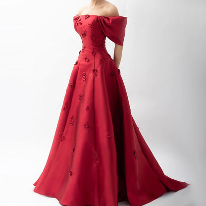 Luxury Dubai Saudi Arabia Elegant Off-Shoulder Wine Red A Line Evening Dress with Appliques Gown for Formal Occasion LA72778 - SERENE HILL