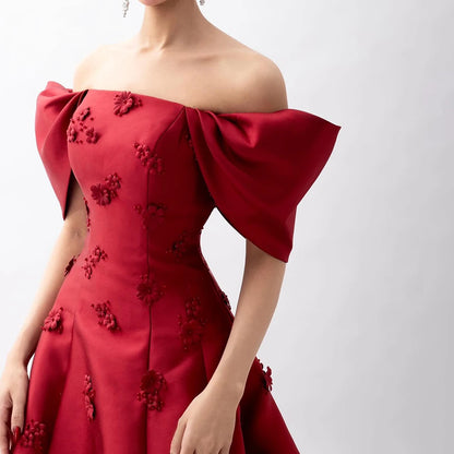 Luxury Dubai Saudi Arabia Elegant Off-Shoulder Wine Red A Line Evening Dress with Appliques Gown for Formal Occasion LA72778 - SERENE HILL