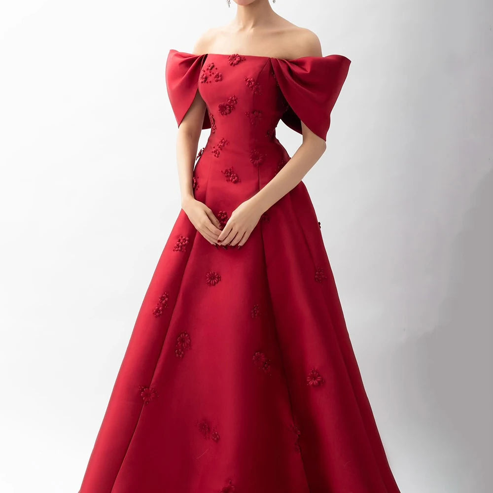 Luxury Dubai Saudi Arabia Elegant Off-Shoulder Wine Red A Line Evening Dress with Appliques Gown for Formal Occasion LA72778 - SERENE HILL