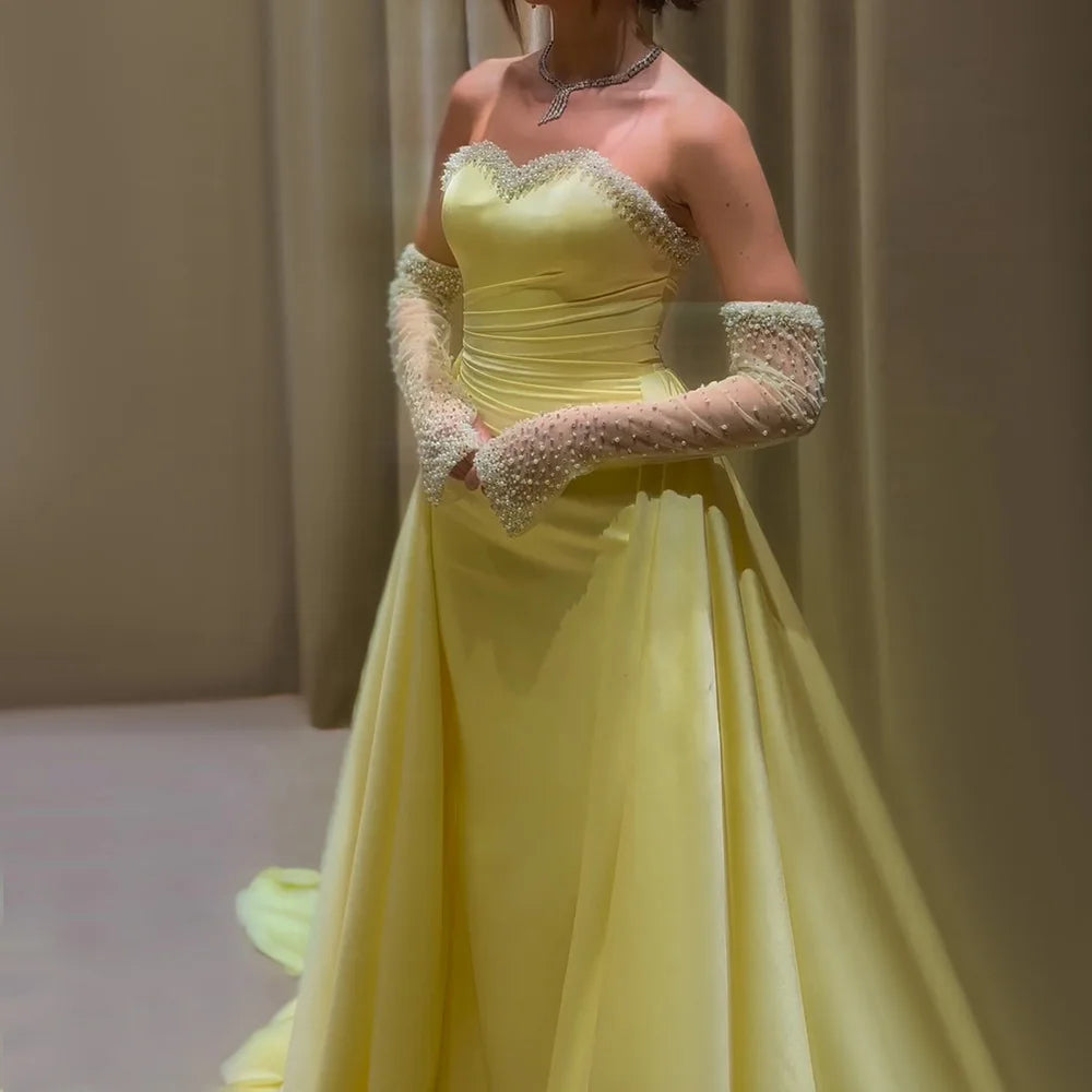 Elegant Yellow Mermaid Beaded Evening Gown with Detachable Sleeves LA72777 - SERENE HILL