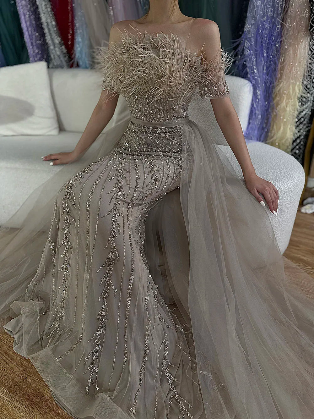 Luxury Dubai Saudi Arabic Beaded Caramel Mermaid Elegant Evening Dresses Gowns with Overskirt for Formal Occasion LA71634A - SERENE HILL