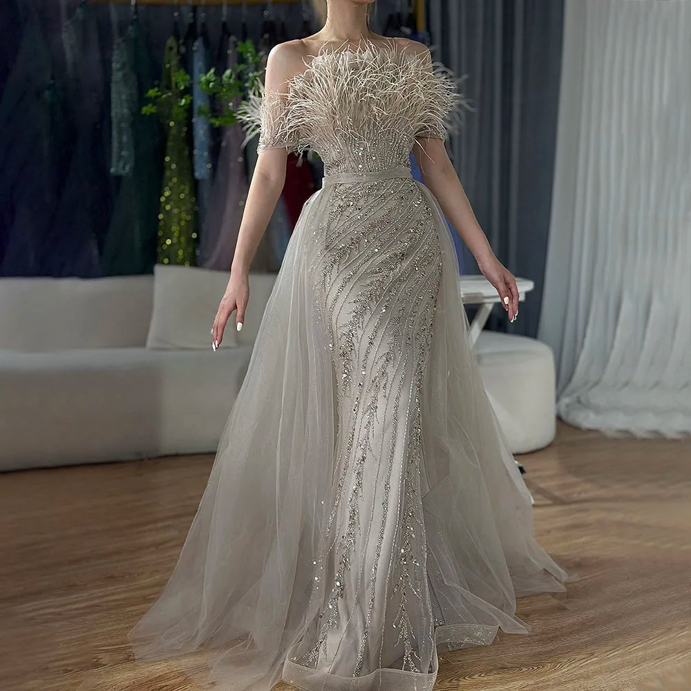 Luxury Dubai Saudi Arabic Beaded Caramel Mermaid Elegant Evening Dresses Gowns with Overskirt for Formal Occasion LA71634A - SERENE HILL