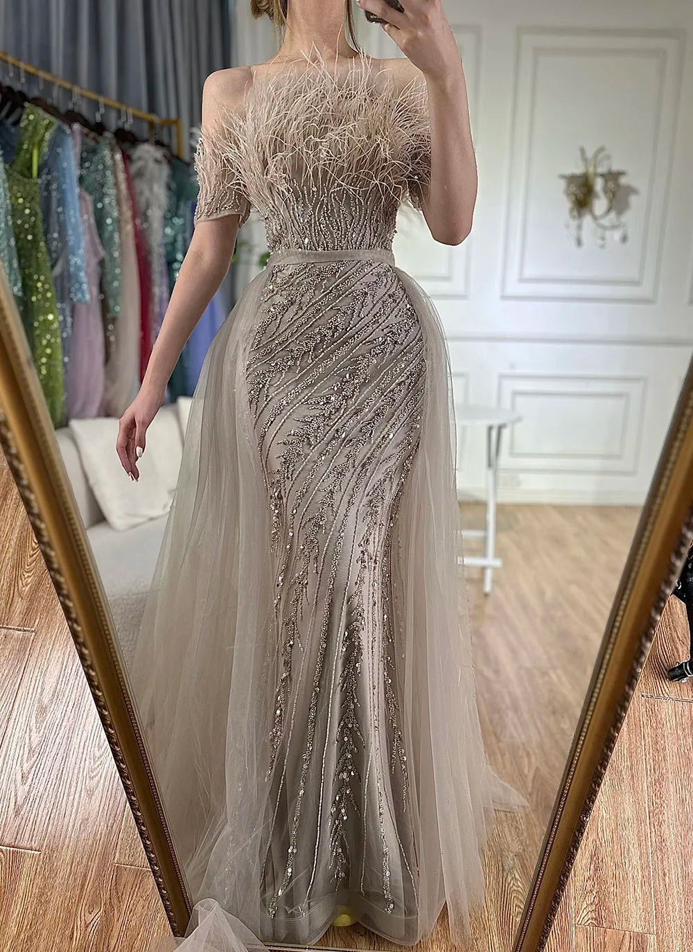 Luxury Dubai Saudi Arabic Beaded Caramel Mermaid Elegant Evening Dresses Gowns with Overskirt for Formal Occasion LA71634A - SERENE HILL
