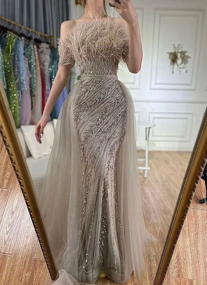 Luxury Dubai Saudi Arabic Beaded Caramel Mermaid Elegant Evening Dresses Gowns with Overskirt for Formal Occasion LA71634A - SERENE HILL