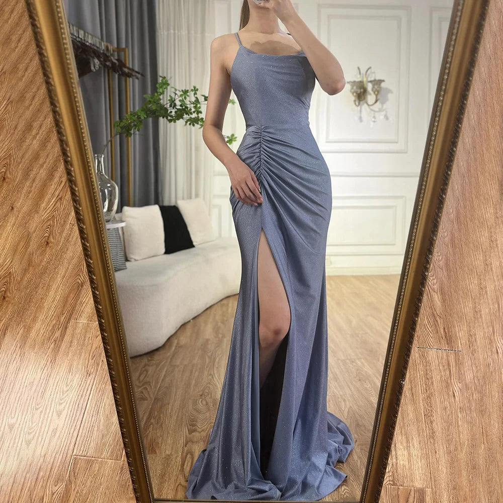 Luxury Dubai Saudi Arabic Blue Elegant Spaghetti Strap Mermaid Long Evening Gown with Split for Formal Occasion LA72720 - SERENE HILL