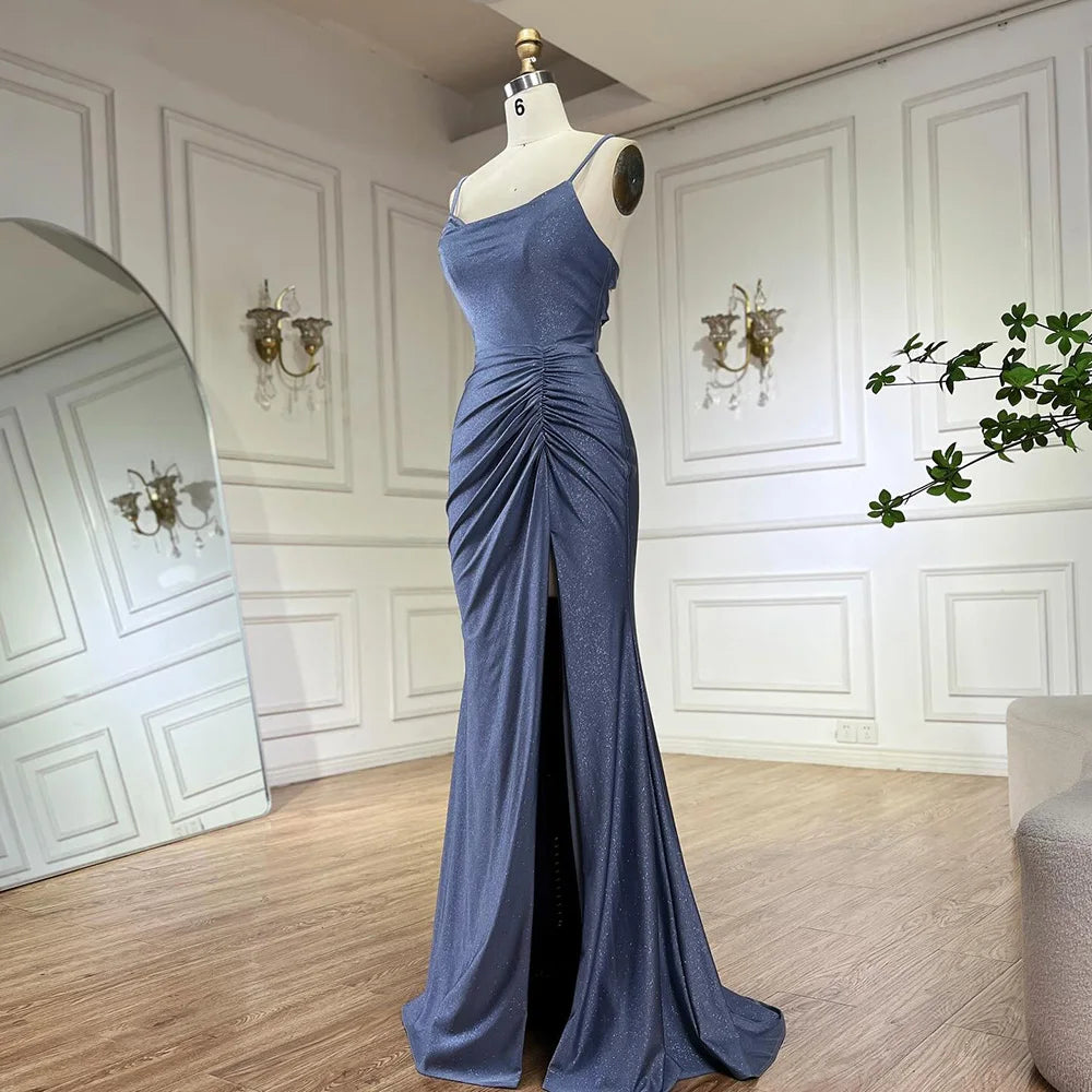 Luxury Dubai Saudi Arabic Blue Elegant Spaghetti Strap Mermaid Long Evening Gown with Split for Formal Occasion LA72720 - SERENE HILL