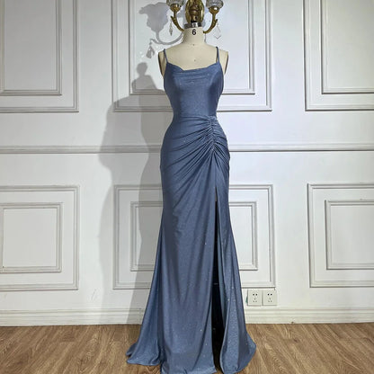 Luxury Dubai Saudi Arabic Blue Elegant Spaghetti Strap Mermaid Long Evening Gown with Split for Formal Occasion LA72720 - SERENE HILL