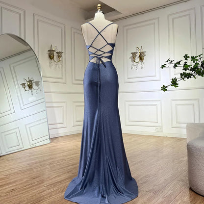 Luxury Dubai Saudi Arabic Blue Elegant Spaghetti Strap Mermaid Long Evening Gown with Split for Formal Occasion LA72720 - SERENE HILL