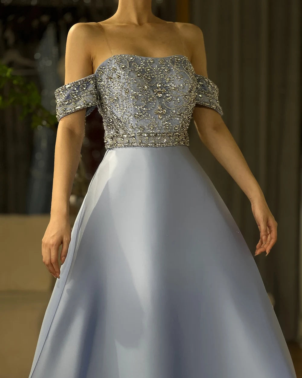 Luxury Dubai Saudi Arabic Elegant Blue Off-the-Shoulder A-Line Beaded Long Evening Gown for Formal Occasion LA72753 - SERENE HILL