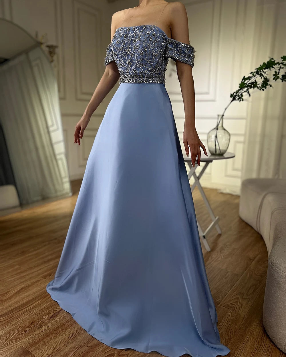 Luxury Dubai Saudi Arabic Elegant Blue Off-the-Shoulder A-Line Beaded Long Evening Gown for Formal Occasion LA72753 - SERENE HILL