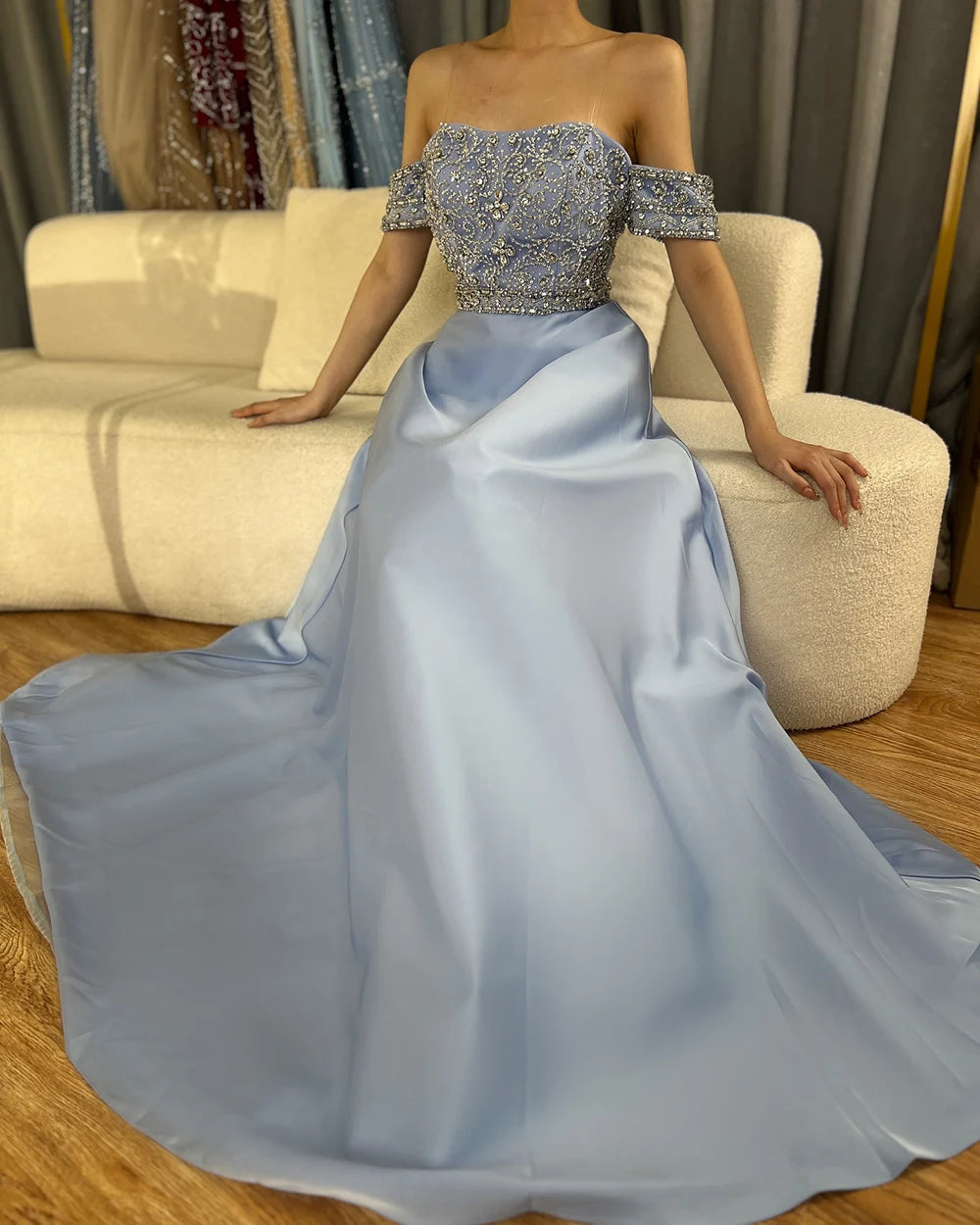 Luxury Dubai Saudi Arabic Elegant Blue Off-the-Shoulder A-Line Beaded Long Evening Gown for Formal Occasion LA72753 - SERENE HILL