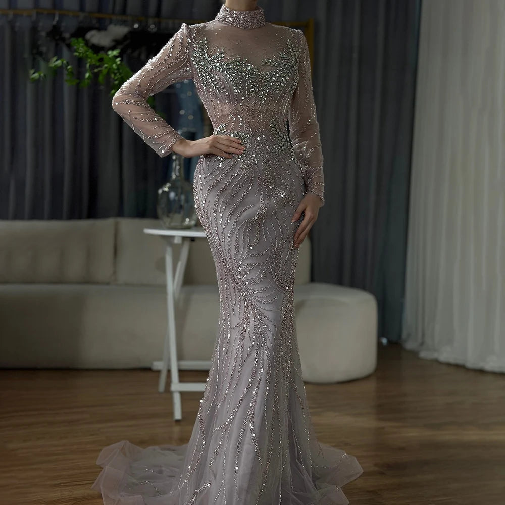 Luxury Dubai Saudi Arabic Elegant Pink Mermaid Beaded Long Evening Gown for Formal Occasion LA72754 - SERENE HILL