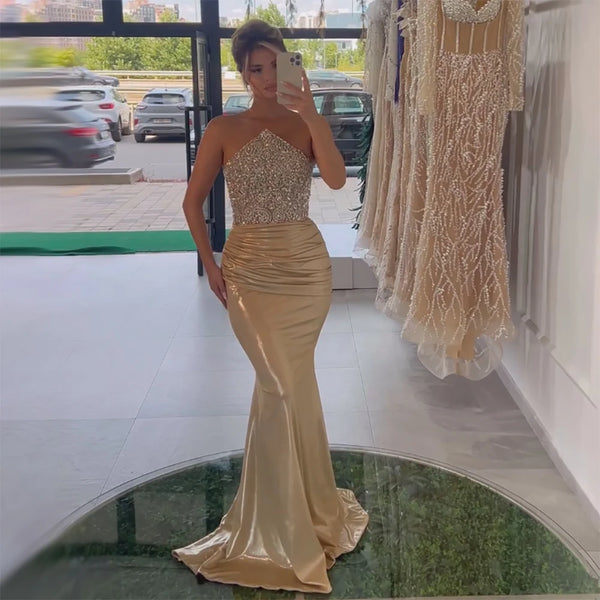 Luxury Dubai  Saudi Arabic Gold Elegant Evening Gown Crystal Beaded Dress for Formal Occasion LA72759