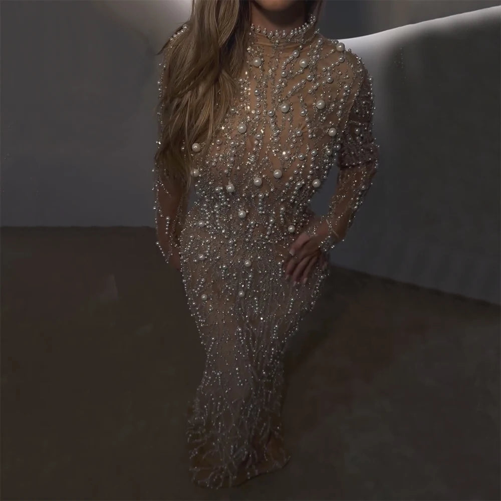 Luxury Dubai Saudi Arabic Luxury Pearls Beaded Nude Mermaid Evening Gown for Formal Occasion LA72345A - SERENE HILL