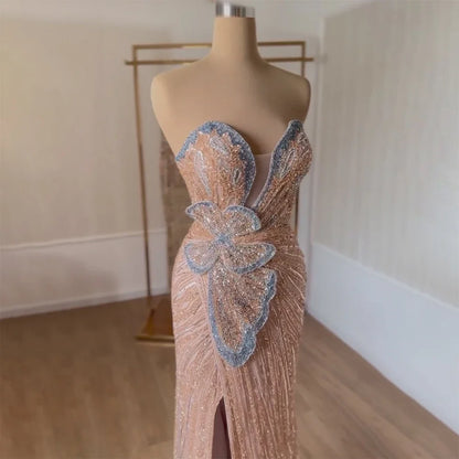 Luxury Dubai Saudi Arabic Pink Mermaid Evening Dress with High Split for Formal Occasion LA72480 - SERENE HILL