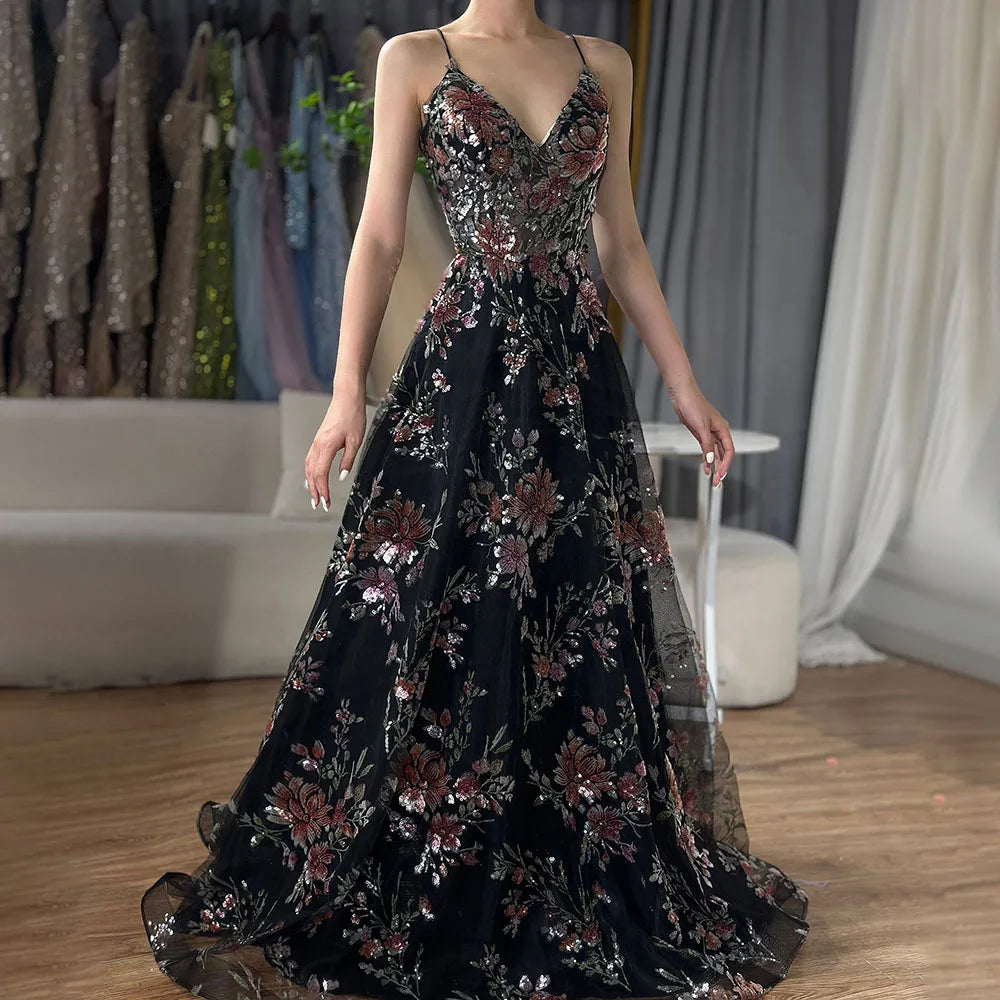 Luxury Dubai Spaghetti Strap A-Line Black Beaded Luxury Prom Dress for Formal Occasion Saudi Arabic LA72773 - SERENE HILL