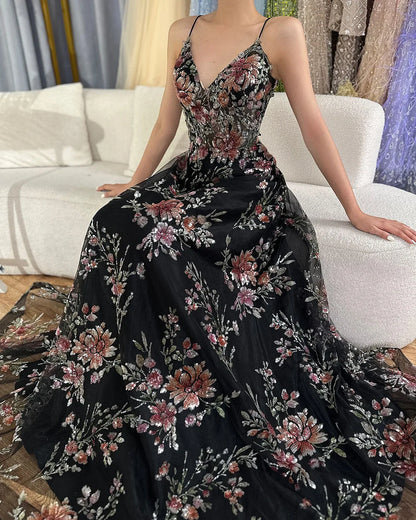 Luxury Dubai Spaghetti Strap A-Line Black Beaded Luxury Prom Dress for Formal Occasion Saudi Arabic LA72773 - SERENE HILL