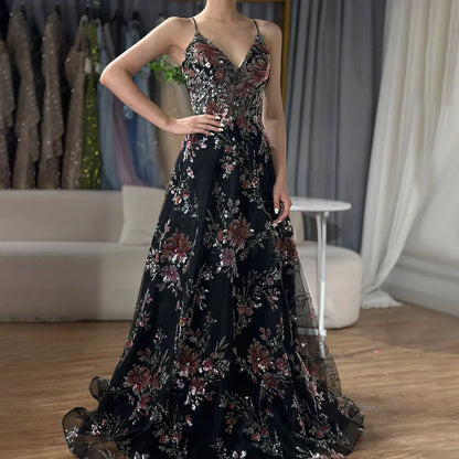 Luxury Dubai Spaghetti Strap A-Line Black Beaded Luxury Prom Dress for Formal Occasion Saudi Arabic LA72773 - SERENE HILL