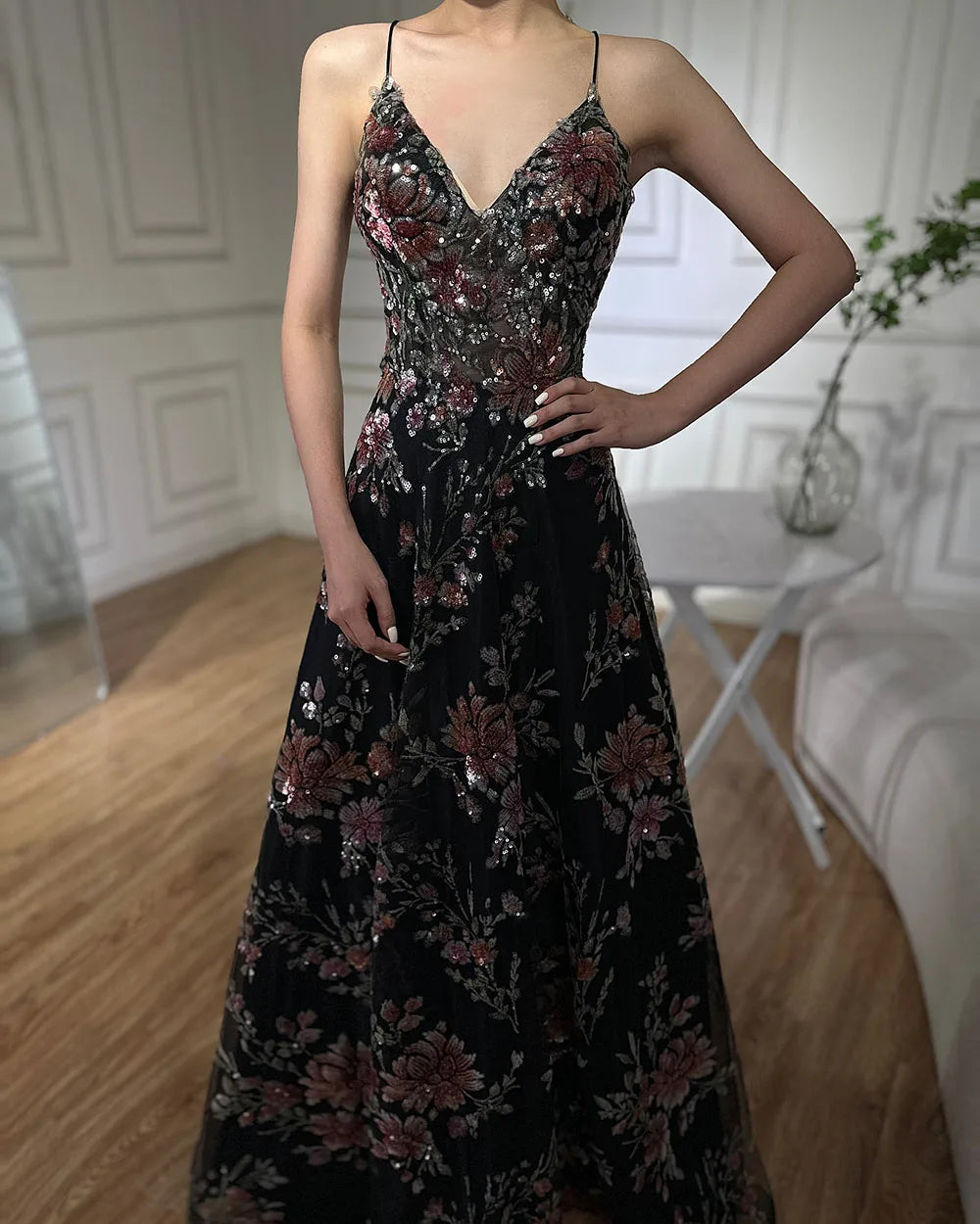 Luxury Dubai Spaghetti Strap A-Line Black Beaded Luxury Prom Dress for Formal Occasion Saudi Arabic LA72773 - SERENE HILL
