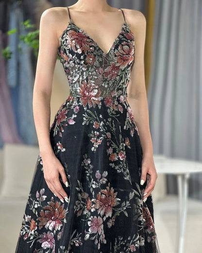 Luxury Dubai Spaghetti Strap A-Line Black Beaded Luxury Prom Dress for Formal Occasion Saudi Arabic LA72773 - SERENE HILL