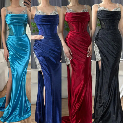 Luxury Dubai Saudi Arabic Spaghetti Strap Wine Red Satin Evening Dress with High Slit for Formal Occasion LA72776 - SERENE HILL