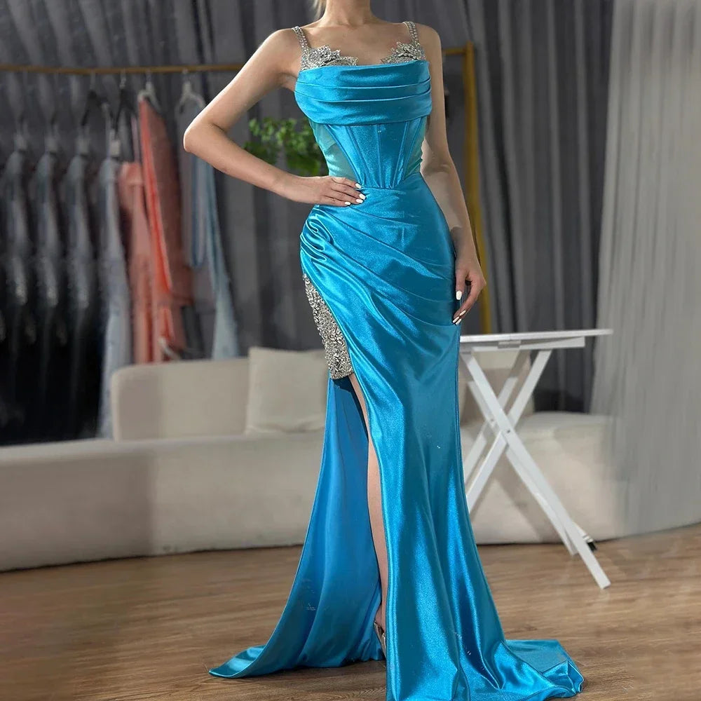 Luxury Dubai Saudi Arabic Spaghetti Strap Wine Red Satin Evening Dress with High Slit for Formal Occasion LA72776 - SERENE HILL