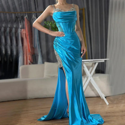 Luxury Dubai Saudi Arabic Spaghetti Strap Wine Red Satin Evening Dress with High Slit for Formal Occasion LA72776 - SERENE HILL
