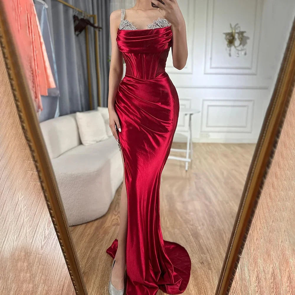 Luxury Dubai Saudi Arabic Spaghetti Strap Wine Red Satin Evening Dress with High Slit for Formal Occasion LA72776 - SERENE HILL