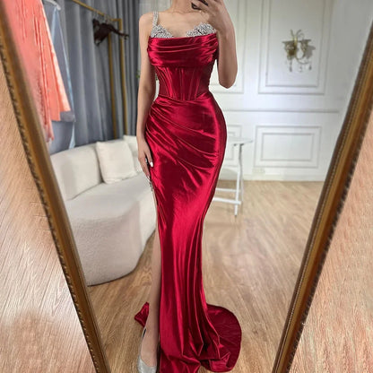 Luxury Dubai Saudi Arabic Spaghetti Strap Wine Red Satin Evening Dress with High Slit for Formal Occasion LA72776 - SERENE HILL