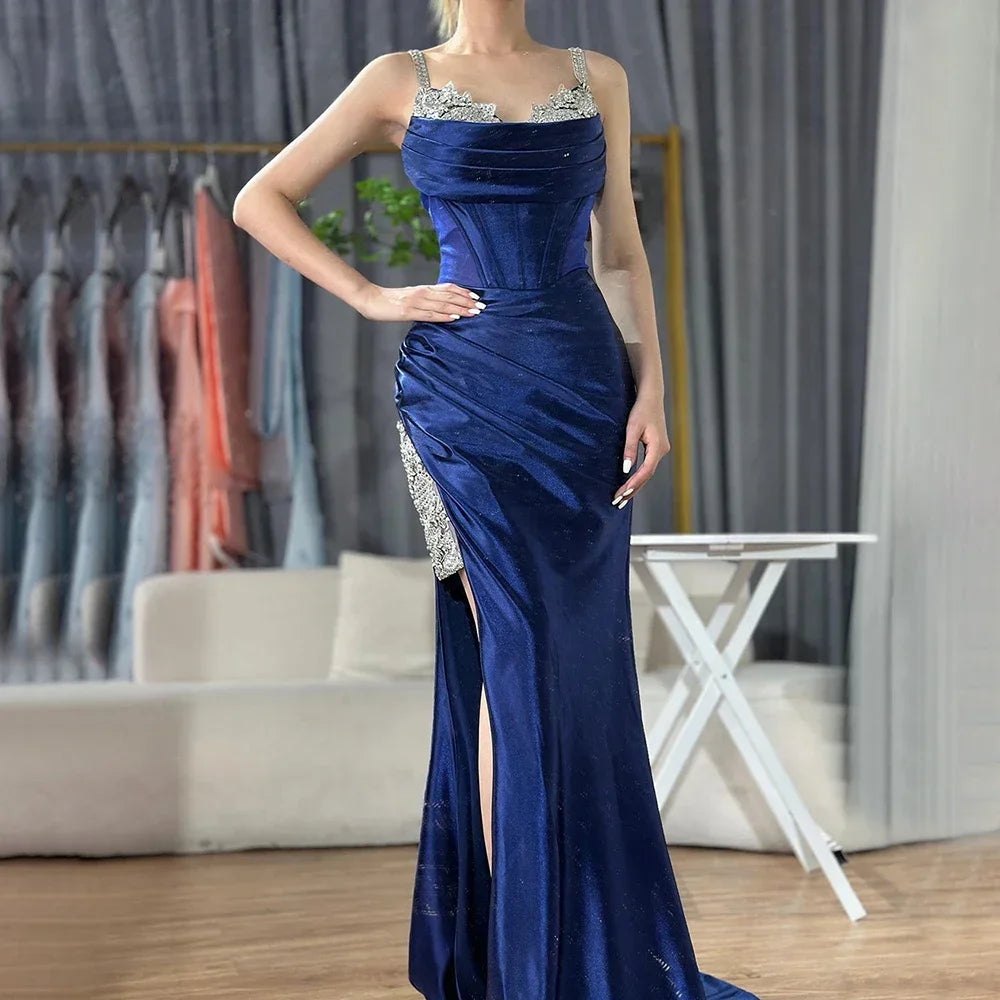 Luxury Dubai Saudi Arabic Spaghetti Strap Wine Red Satin Evening Dress with High Slit for Formal Occasion LA72776 - SERENE HILL