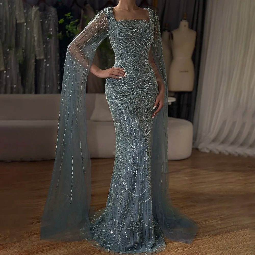 Luxury Arabic Mermaid Evening Dress with Cape Sleeves Plus SizeLA72590A - SERENE HILL