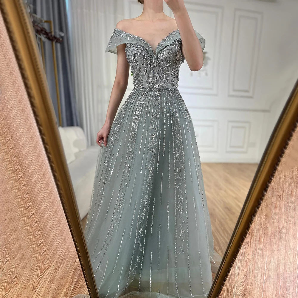 Luxury Dubai Saudi Arabic Gray Beaded Design A-Line Evening Dresses Gowns for Formal Occasion LA72731 - SERENE HILL