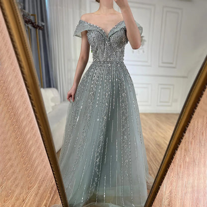 Luxury Dubai Saudi Arabic Gray Beaded Design A-Line Evening Dresses Gowns for Formal Occasion LA72731 - SERENE HILL