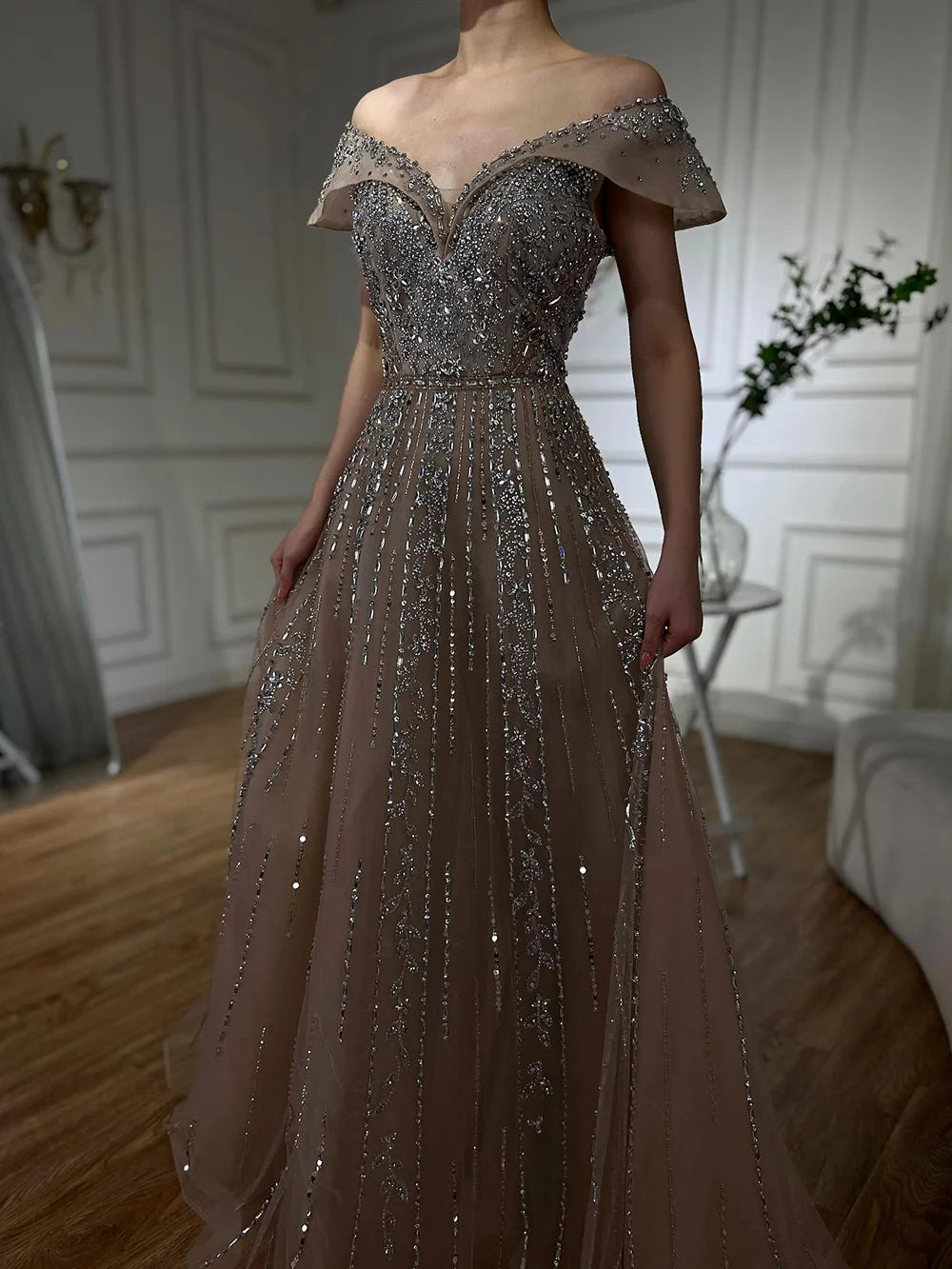 Luxury Dubai Saudi Arabic Gray Beaded Design A-Line Evening Dresses Gowns for Formal Occasion LA72731 - SERENE HILL