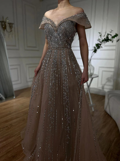 Luxury Dubai Saudi Arabic Gray Beaded Design A-Line Evening Dresses Gowns for Formal Occasion LA72731 - SERENE HILL