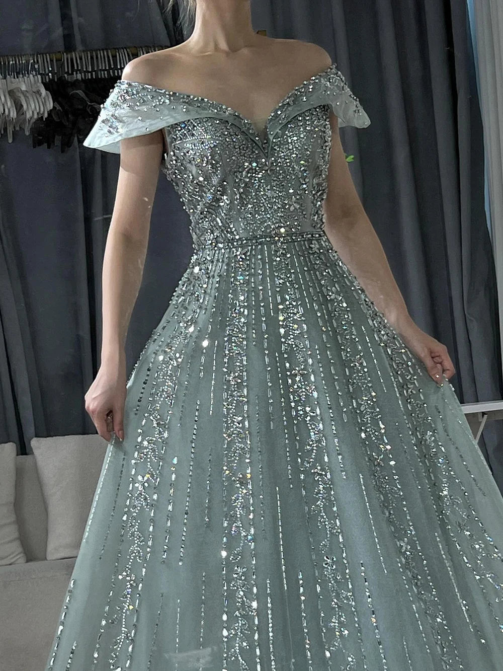 Luxury Dubai Saudi Arabic Gray Beaded Design A-Line Evening Dresses Gowns for Formal Occasion LA72731 - SERENE HILL