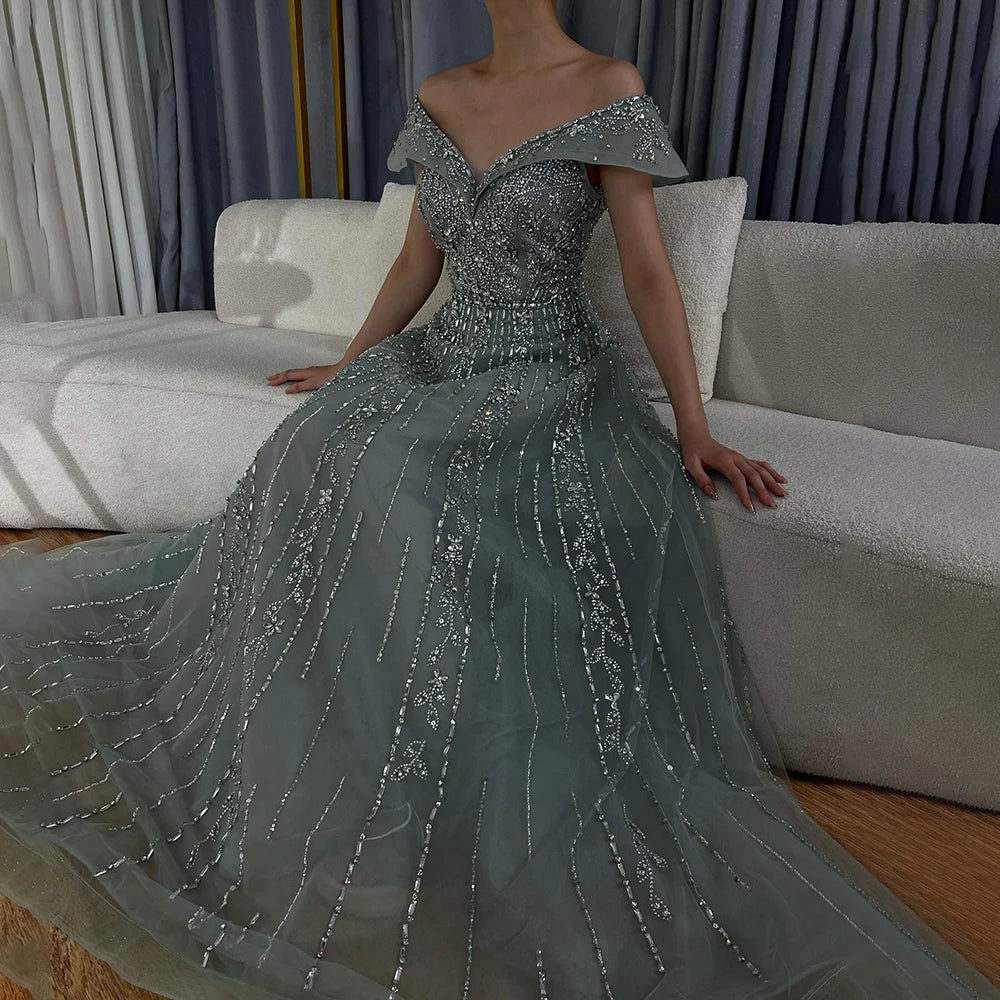 Luxury Dubai Saudi Arabic Gray Beaded Design A-Line Evening Dresses Gowns for Formal Occasion LA72731 - SERENE HILL