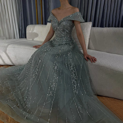 Luxury Dubai Saudi Arabic Gray Beaded Design A-Line Evening Dresses Gowns for Formal Occasion LA72731 - SERENE HILL