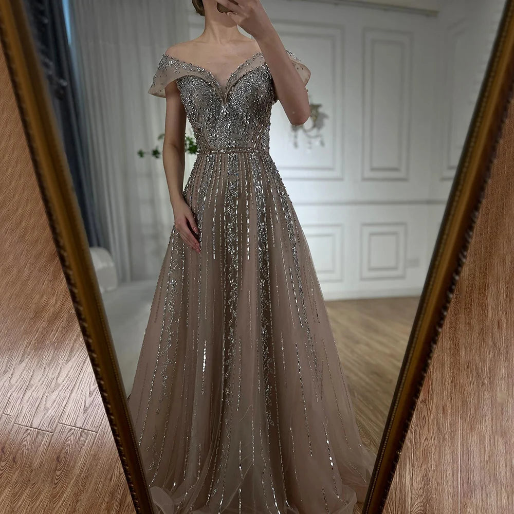 Luxury Dubai Saudi Arabic Gray Beaded Design A-Line Evening Dresses Gowns for Formal Occasion LA72731 - SERENE HILL