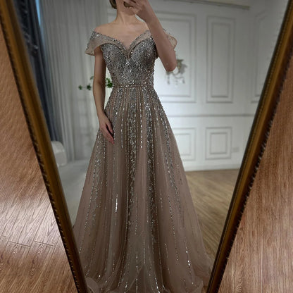 Luxury Dubai Saudi Arabic Gray Beaded Design A-Line Evening Dresses Gowns for Formal Occasion LA72731 - SERENE HILL