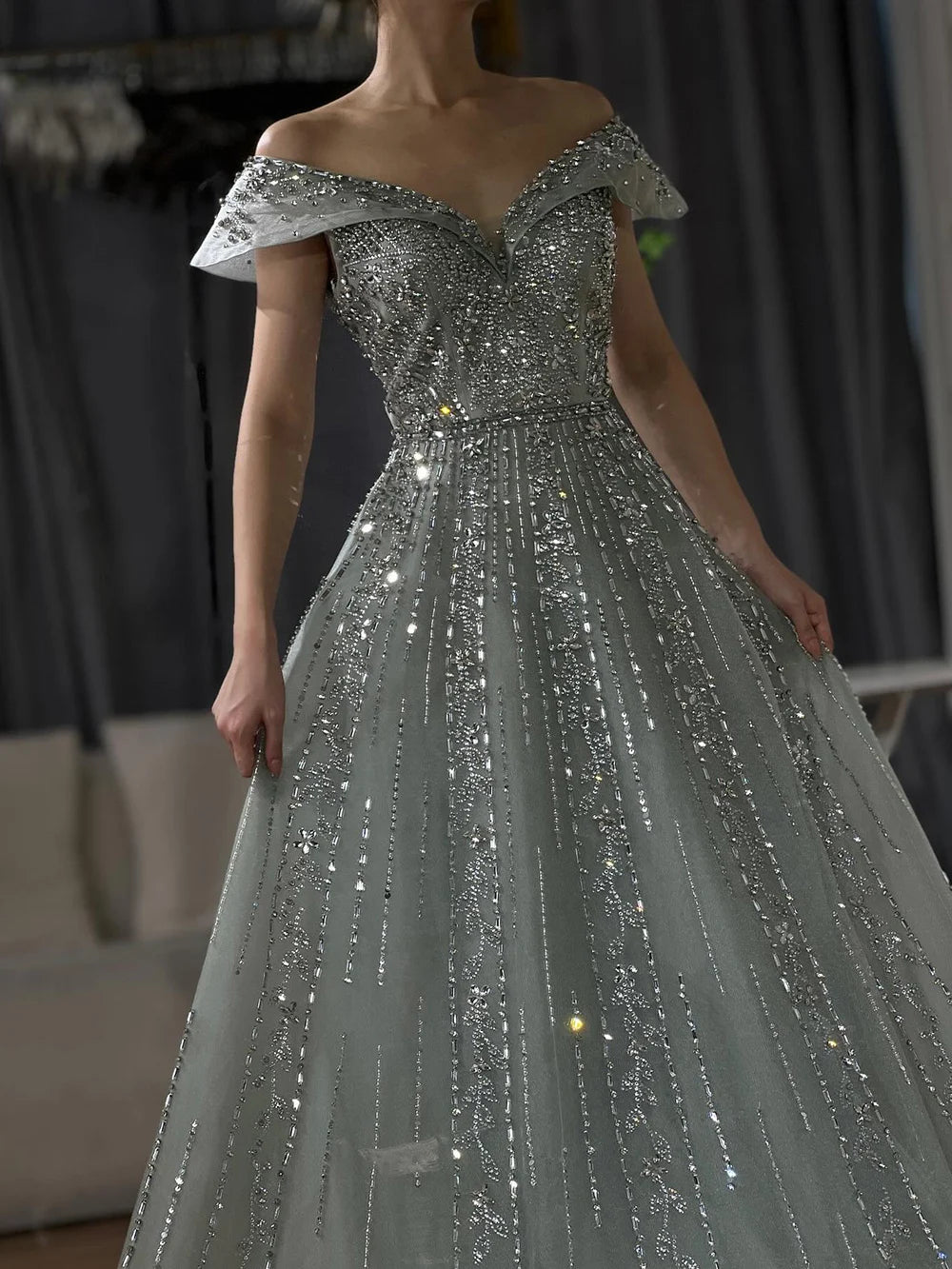 Luxury Dubai Saudi Arabic Gray Beaded Design A-Line Evening Dresses Gowns for Formal Occasion LA72731 - SERENE HILL