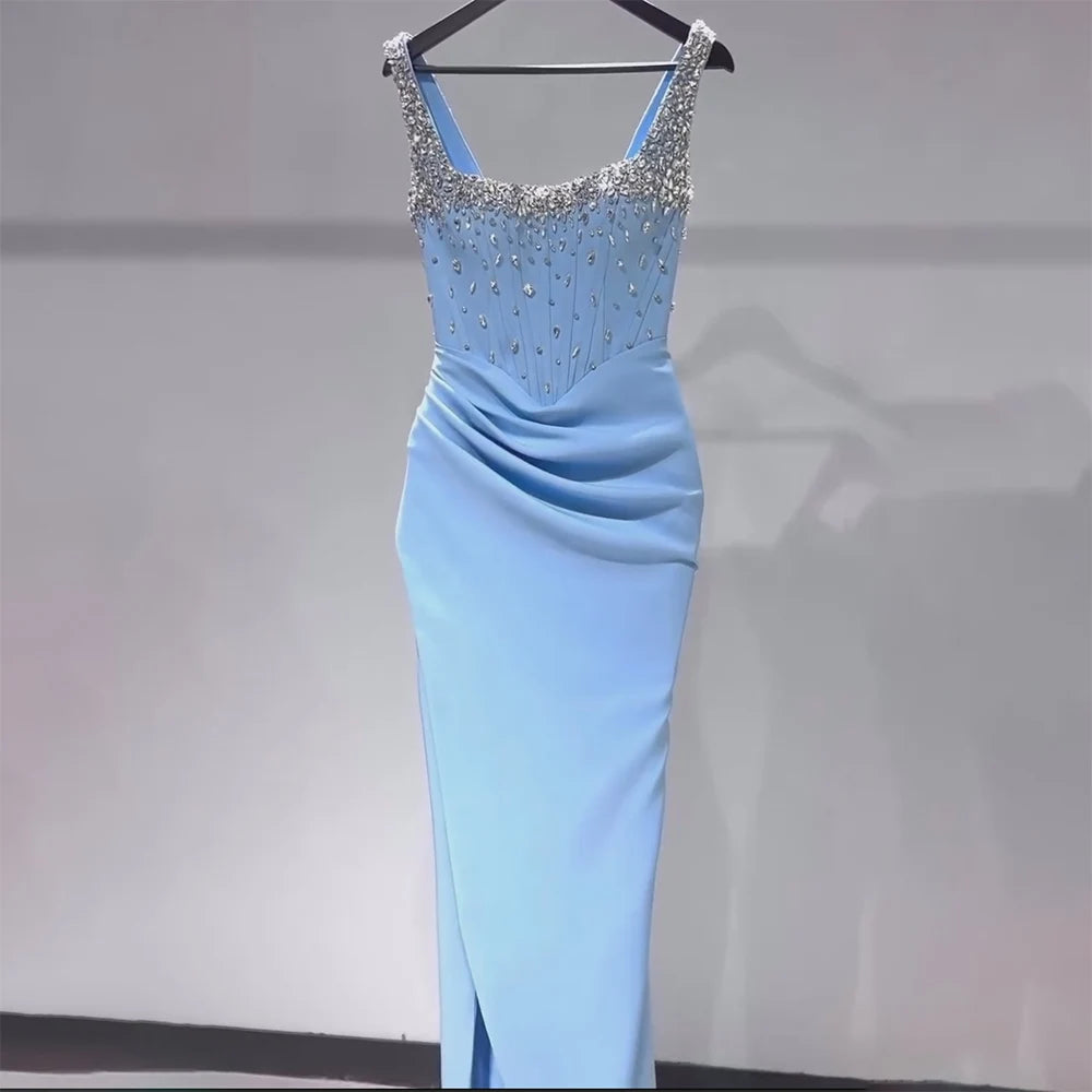 Luxury Dubai Saudi Blue Crystal Beaded Spaghetti Strap Mermaid Evening Dress Gown with Split for Formal Occasion LA72739 - SERENE HILL